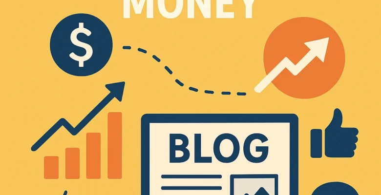 How to increase blog traffic without spending money – infographic showing laptop, growth chart, social media icons, and blog promotion elements.