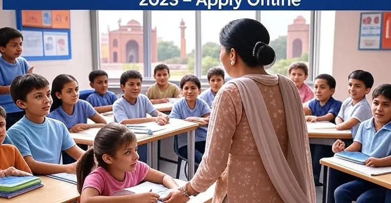 DSSSB Assistant Teacher (Primary) Recruitment 2025 notification with Delhi classroom and teacher illustration